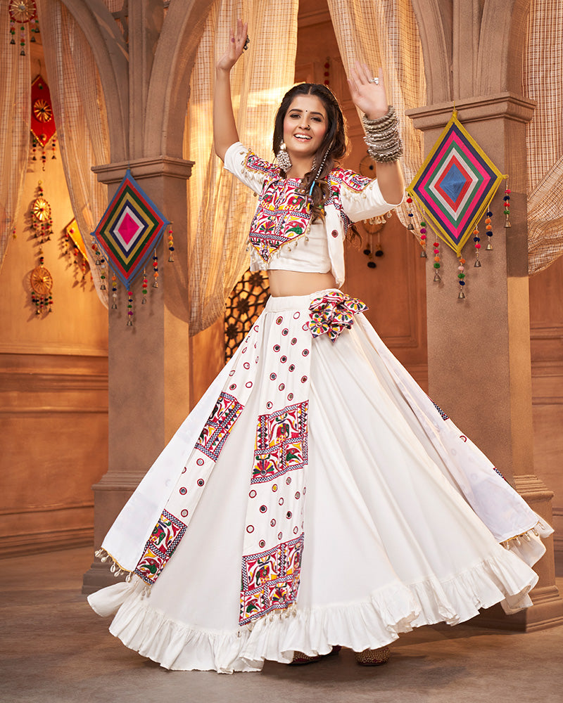 White Color Viscose Rayon Threaded Fully Stitched Navratri Lehenga Choli