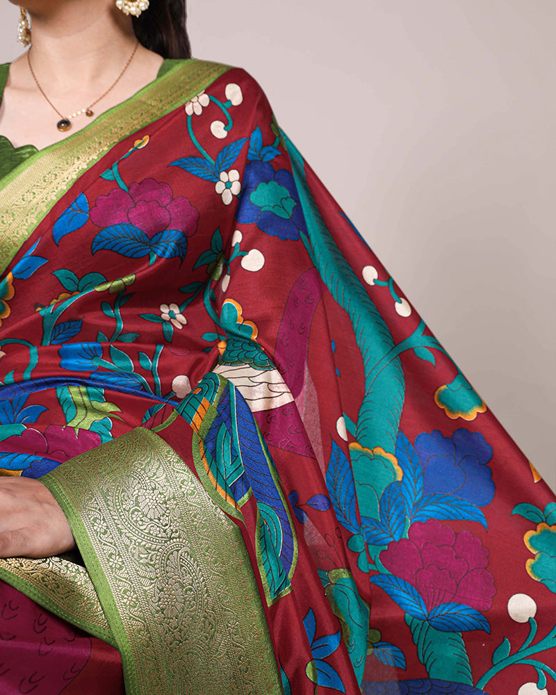 Maroon Color Tasar Silk Ethnic Printed Saree