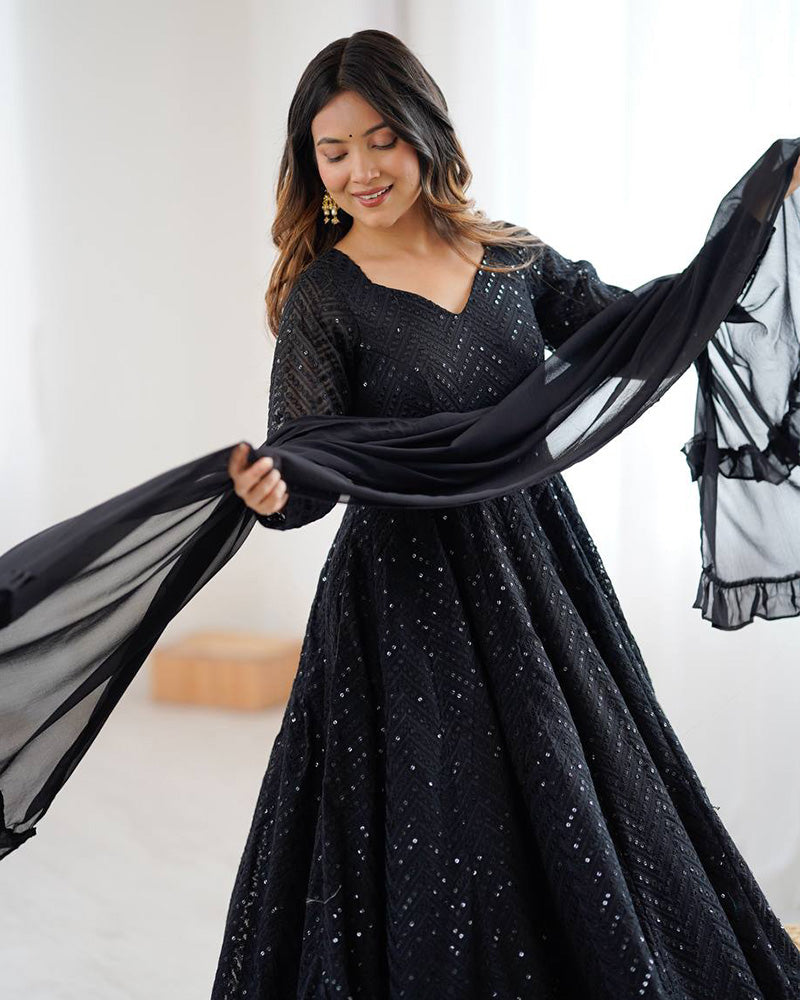 Black Color Georgette Lucknowi Three Piece Anarkali Suit