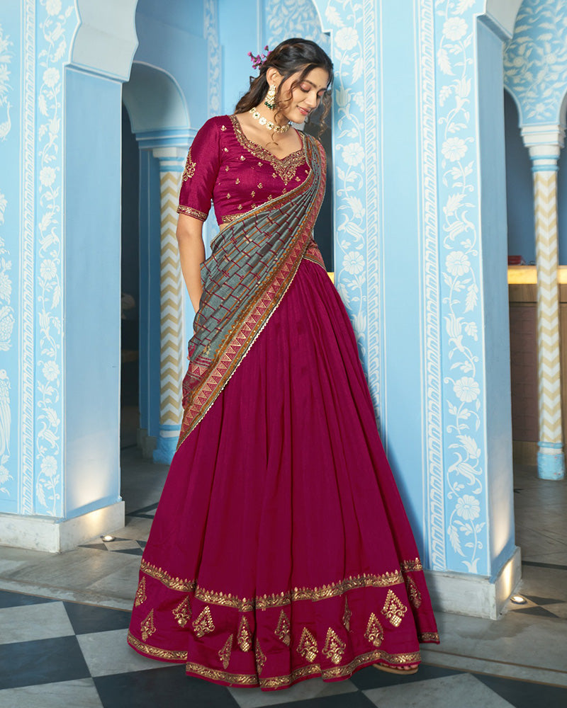 Elegant Rani Pink Embroidered Vichitra Silk Lehenga Choli