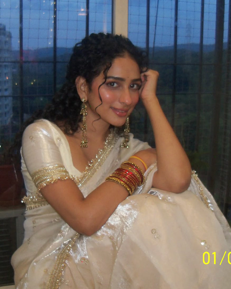 White Color Space Satin Embroidered Saree