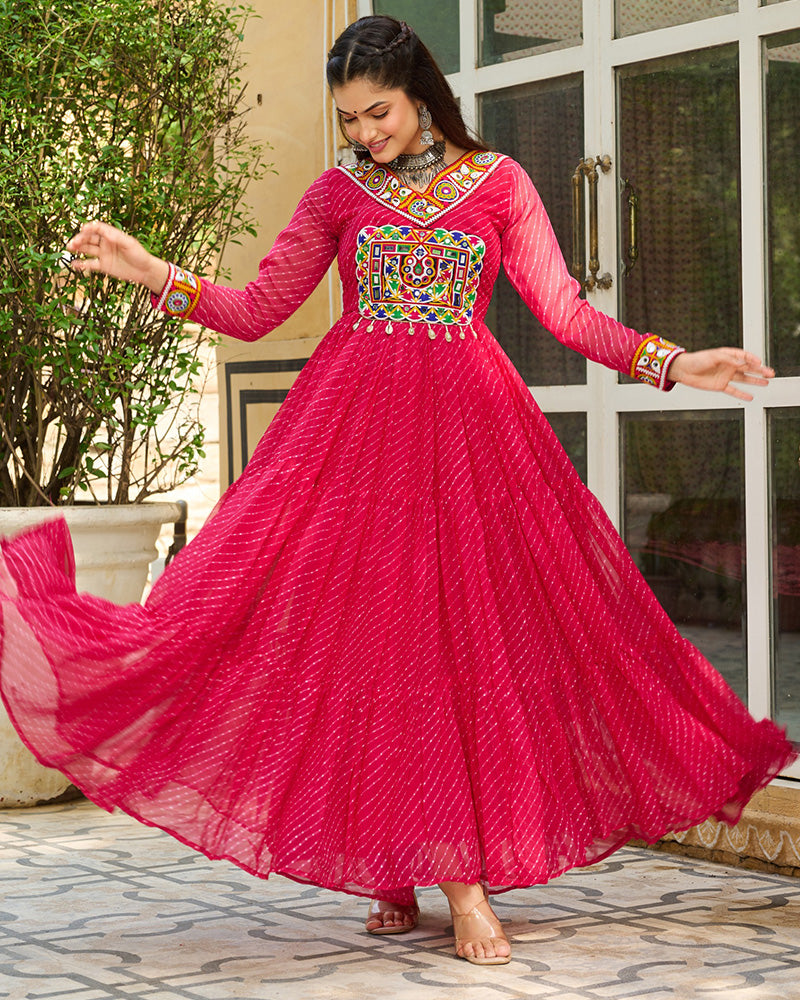 Vibrant Pink Kutchi Work Laheriya Printed Anarkali Gown