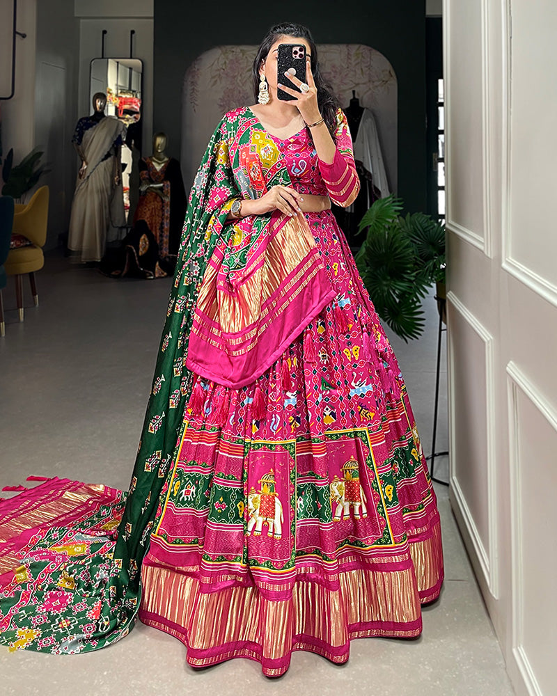 Rani Pink Color Gaji Silk Printed Navratri Lehenga Choli