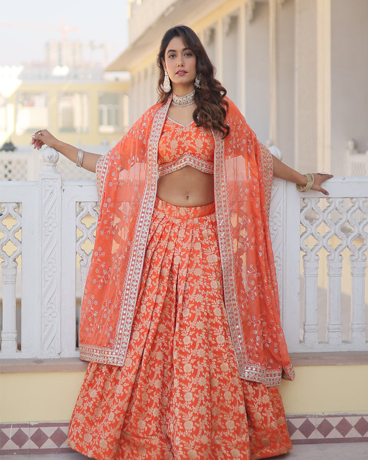 Orange Color Pure Viscose Jacquard Lehenga Choli