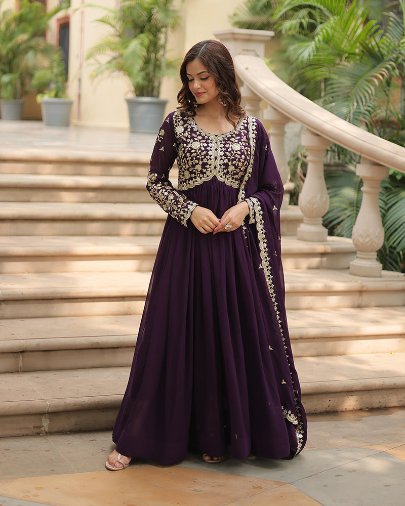 Wine Color Faux Blooming Multi Embroidered Work Gown