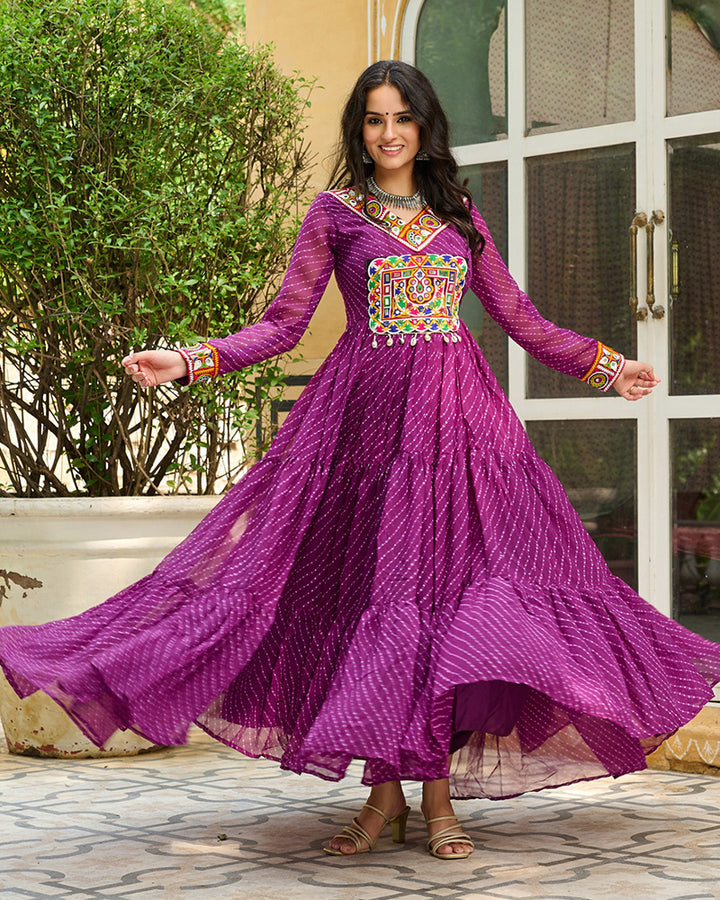 Vibrant WIne Kutchi Work Laheriya Printed Anarkali Gown