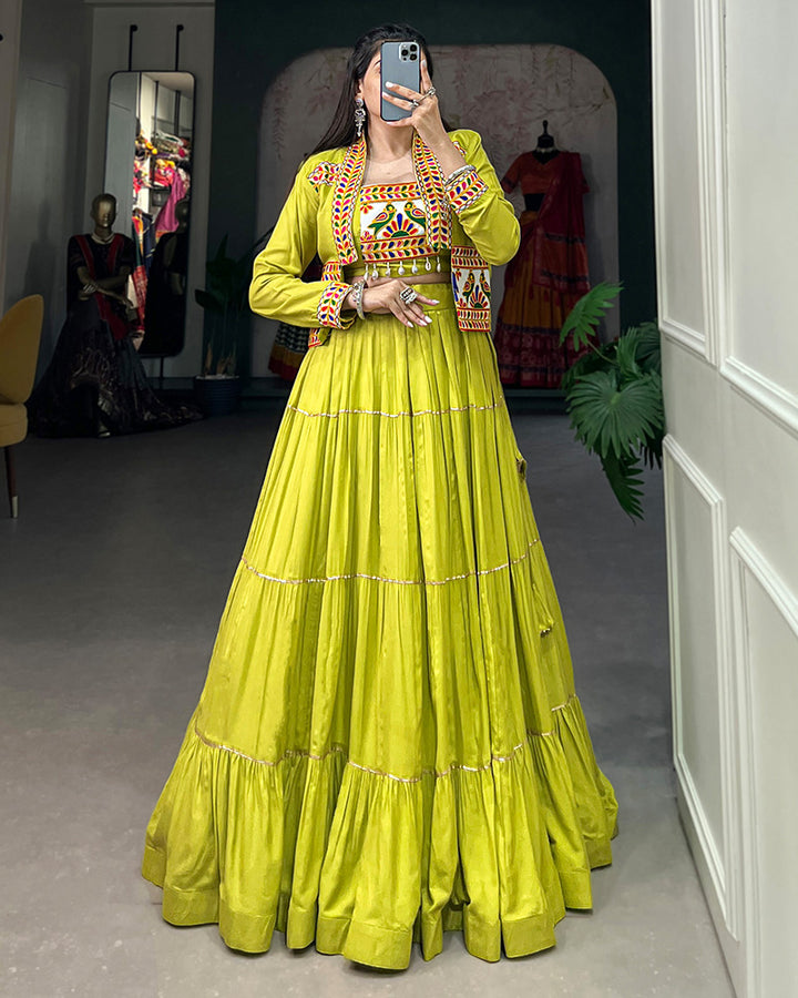 Parrot Green Color Pure Rayon Gamthi Navratri Lehenga Choli