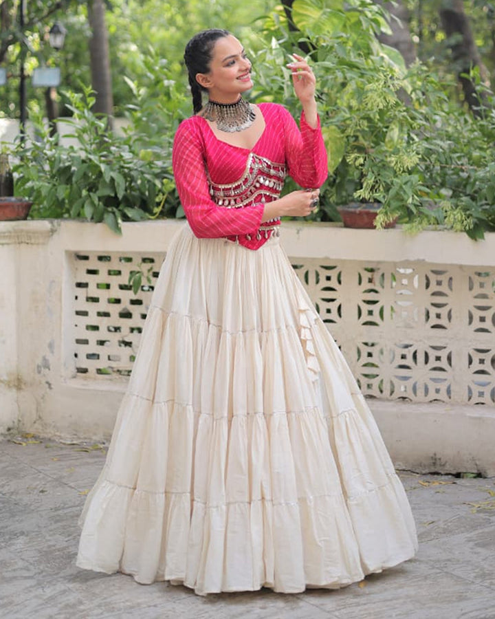 Rani Pink Color Laheriya Print Kurti With Kora Cotton Lehenga