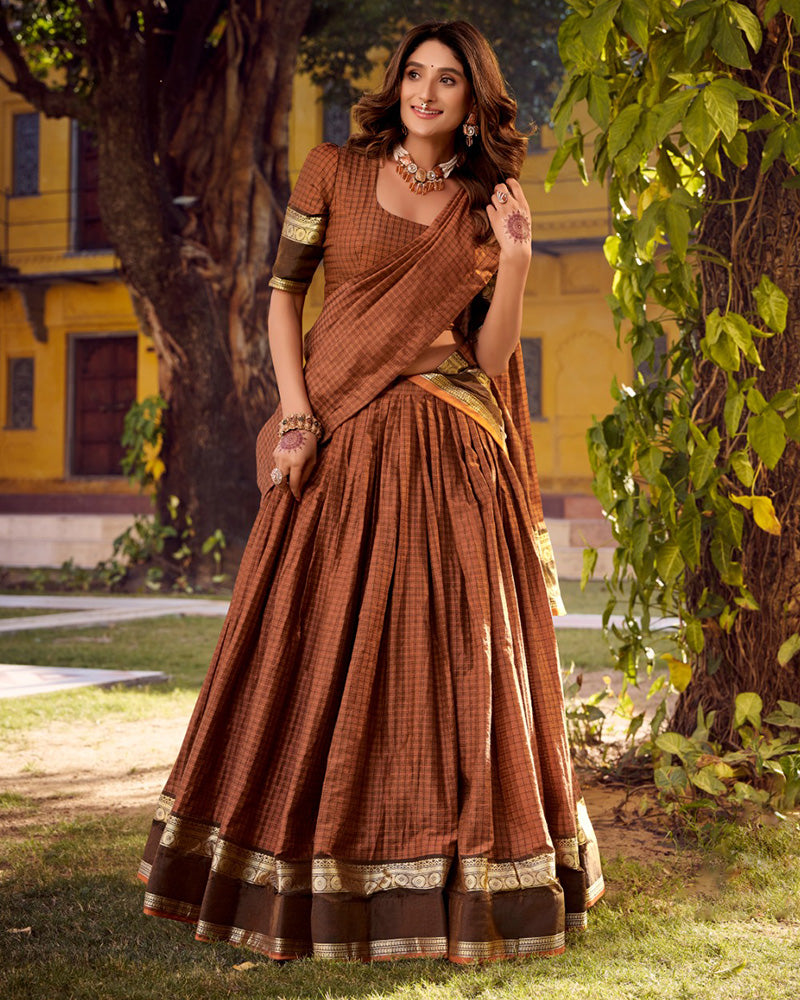 Rust Orange Color Chettinad Cotton Half Saree