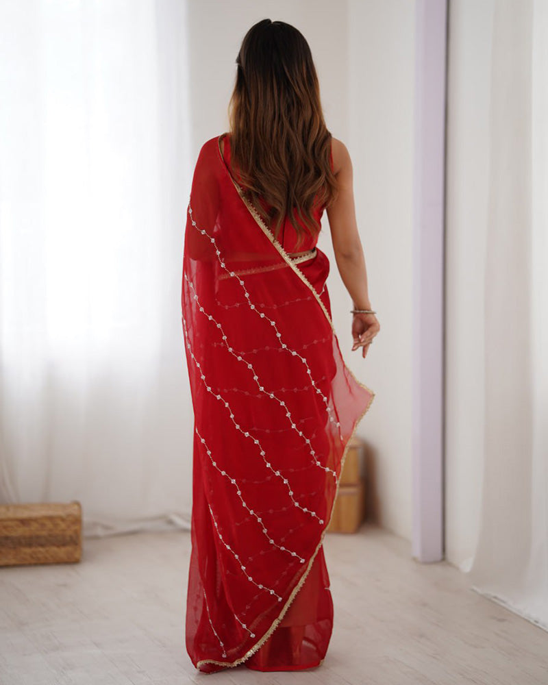 Red Color Smooth Sitara Embroidered Saree