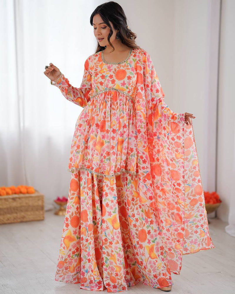 Orange Color Pure Soft Organza Sharara Suit