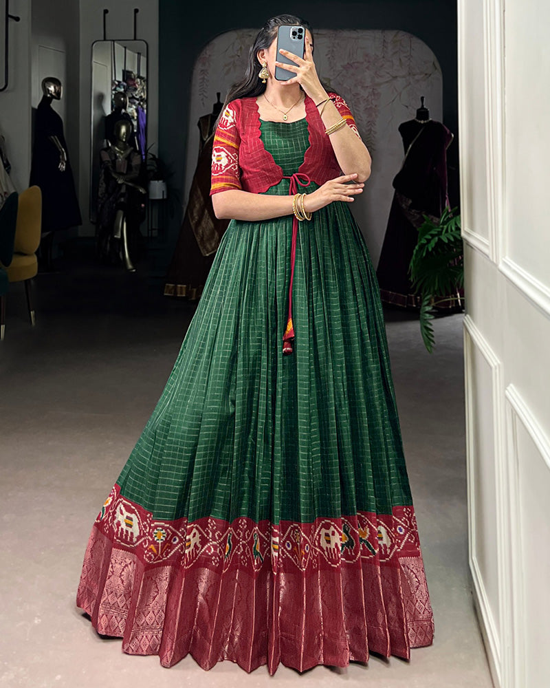 Green Color Tasar Chex Printed Gown With Koti