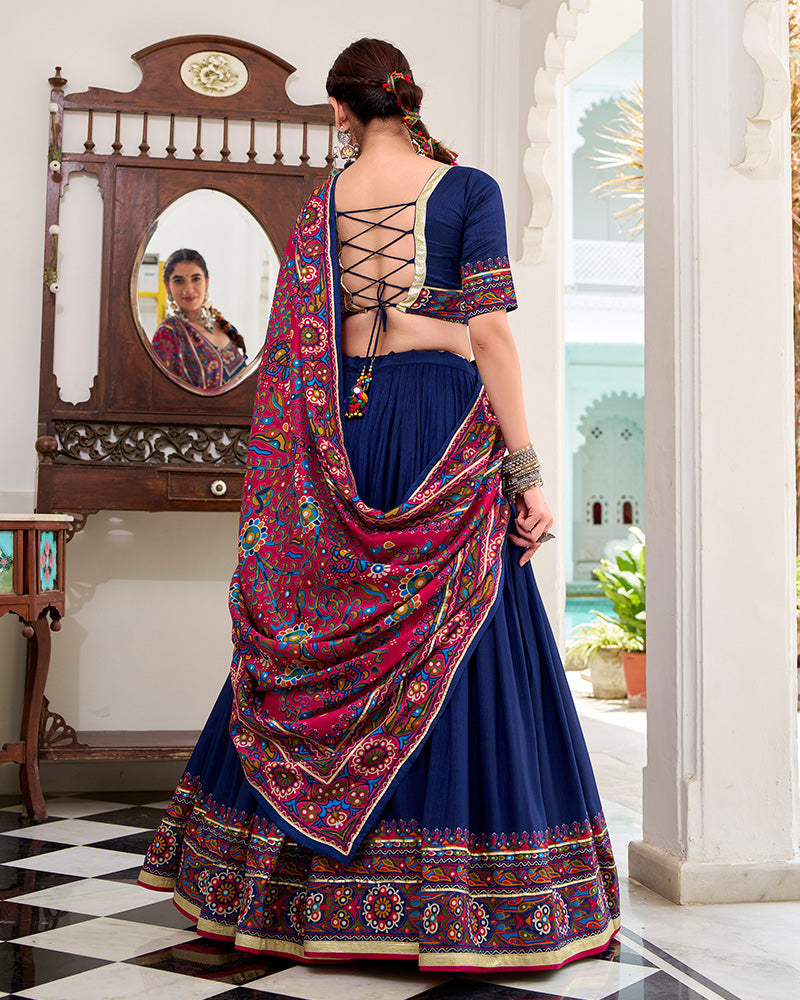 Navy Blue Color Tussar Silk Full Stitched Navratri Lehenga Choli