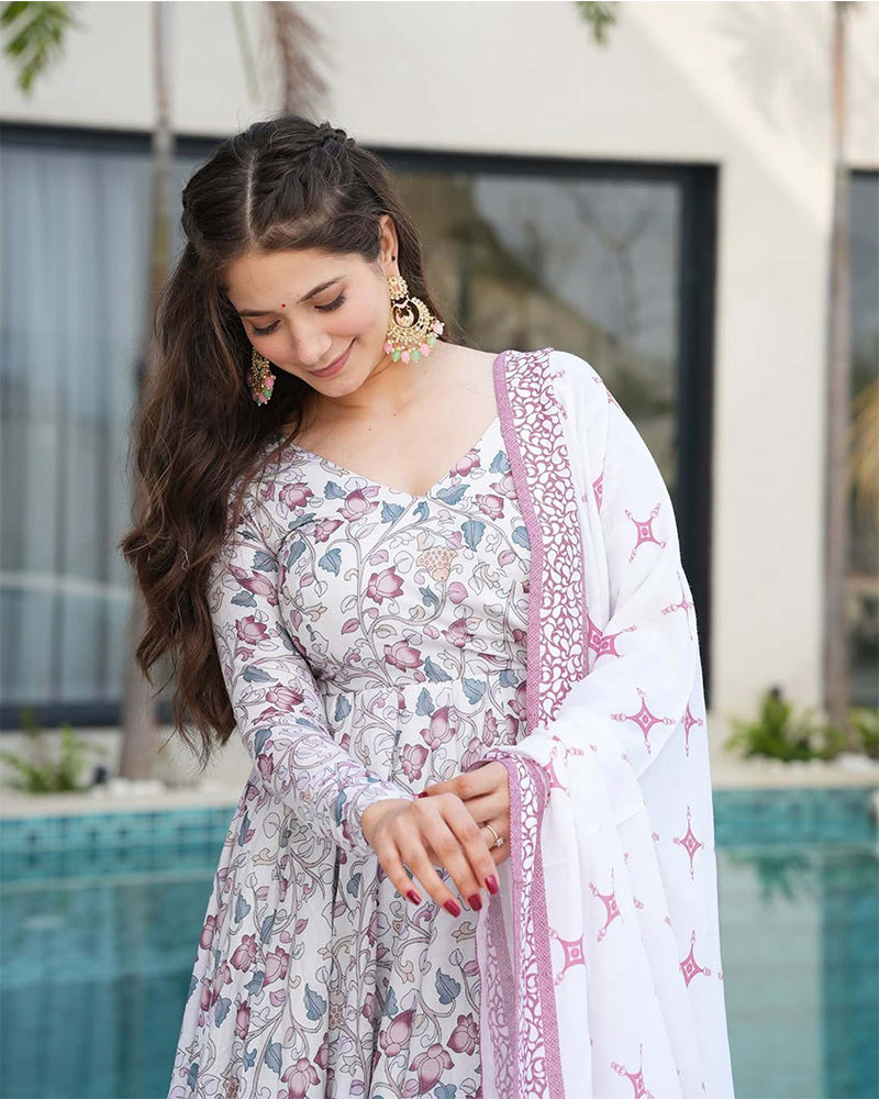 White Color Printed Soft Cotton Three Piece Anarkali Suit