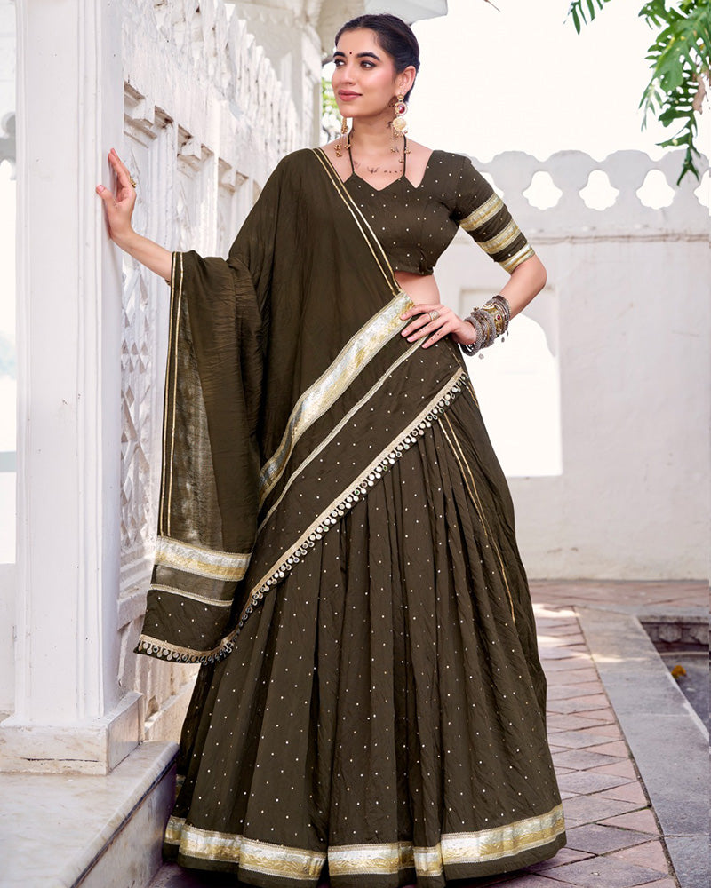 Classic Mehndi Color Pure Chanderi Navratri Lehenga Choli