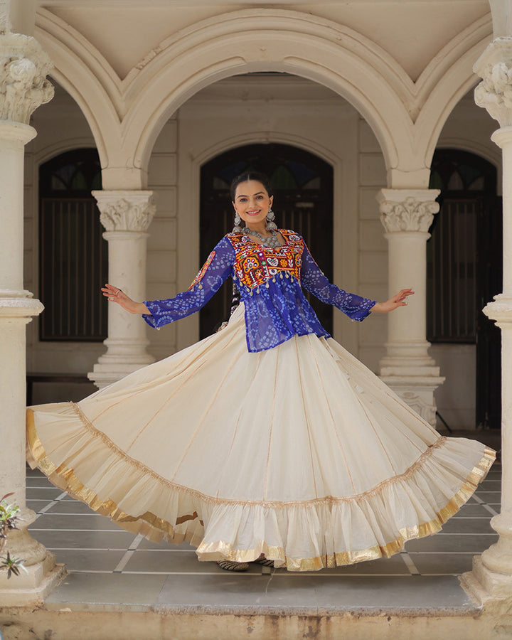 Vibrant Gamthi Work Blue Kediya With Off-White Traditional Lehenga