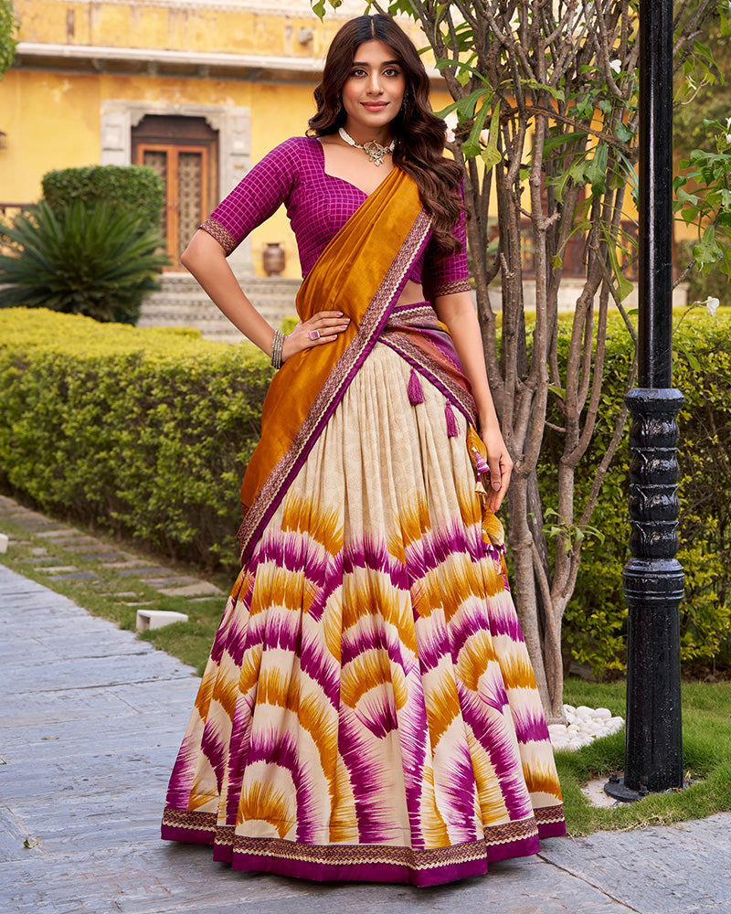 Wine Color Tasar Silk Dye Printed Lehenga Choli