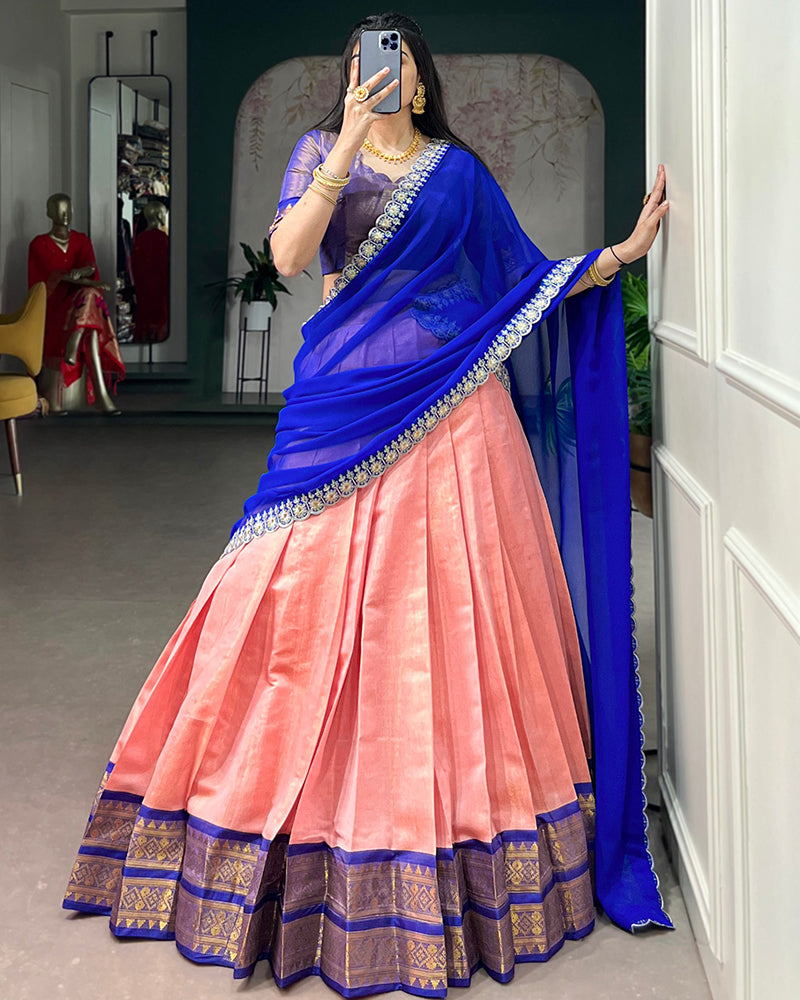 Designer Peach Color Kanchipuram Zari Weaving Half Saree