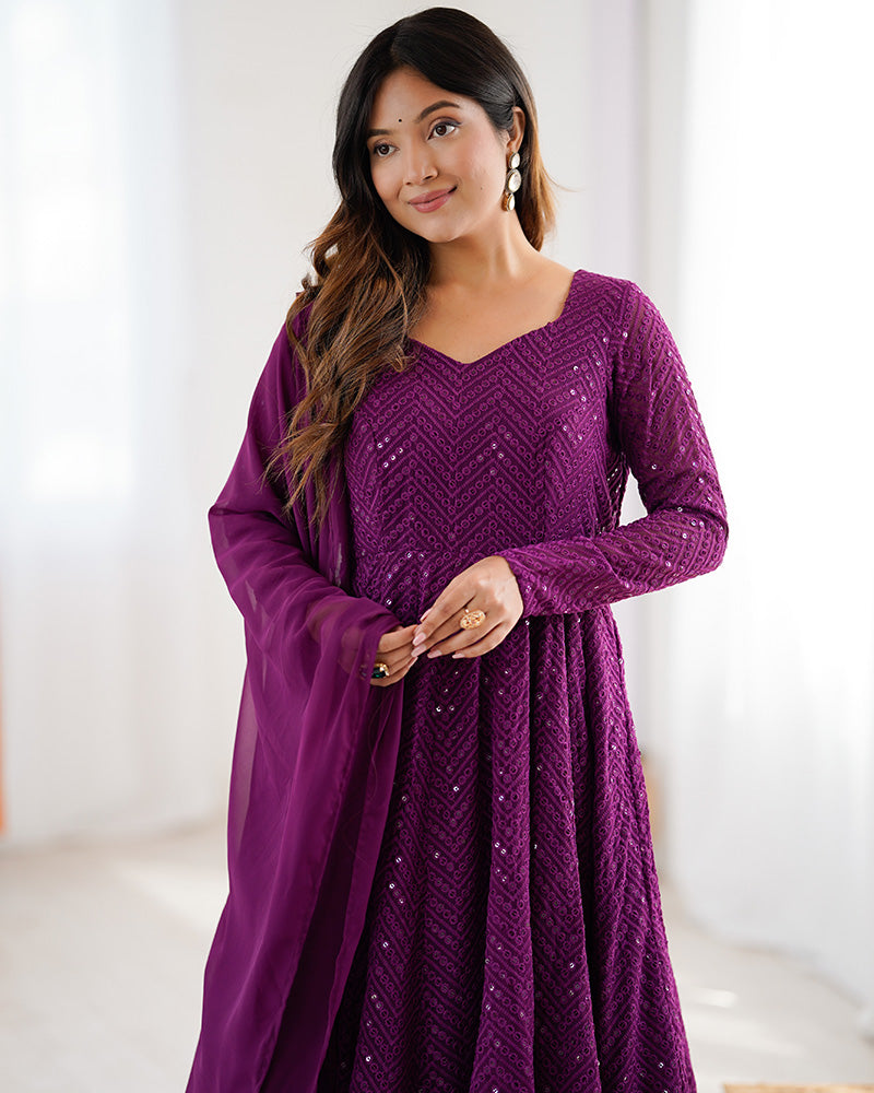 Wine Color Georgette Lucknowi Three Piece Anarkali Suit