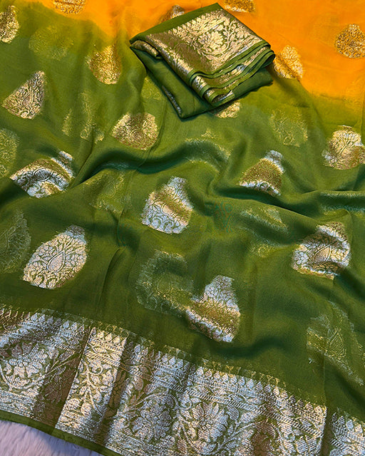 Parrot Green Color 2D Viscose Georgette Shaded Saree