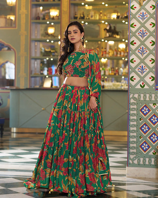 Green Color Marble Floral Printed Lehenga Choli