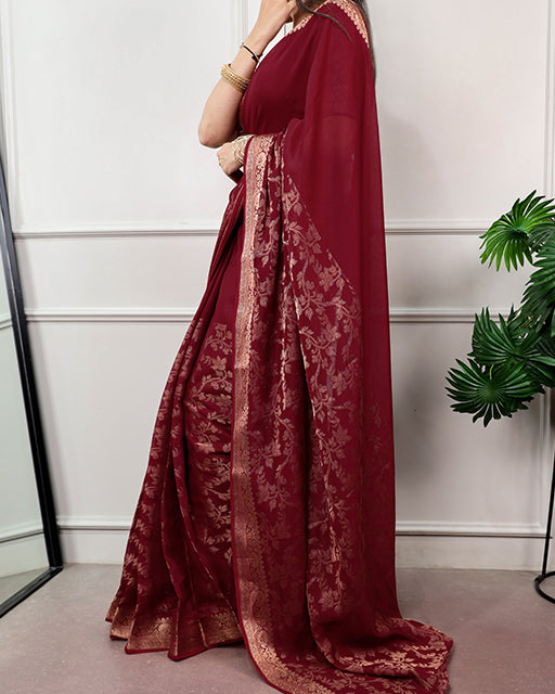 Dark Pink Poly Cotton Zari Weaving Saree