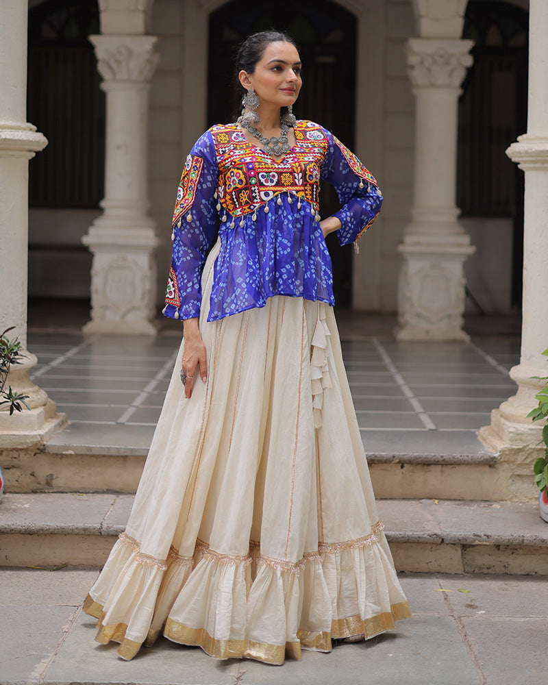 Vibrant Gamthi Work Blue Kediya With Off-White Traditional Lehenga