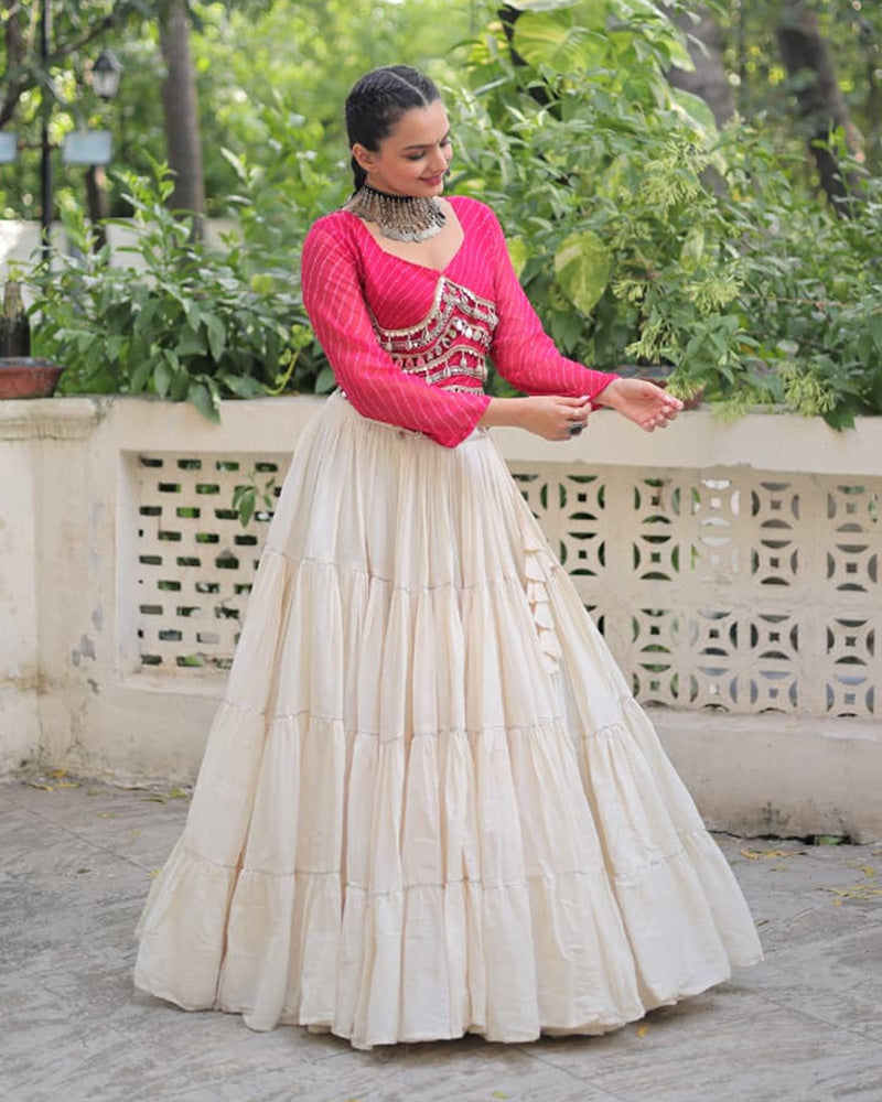 Rani Pink Color Laheriya Print Kurti With Kora Cotton Lehenga