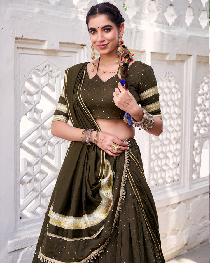 Classic Mehndi Color Pure Chanderi Navratri Lehenga Choli