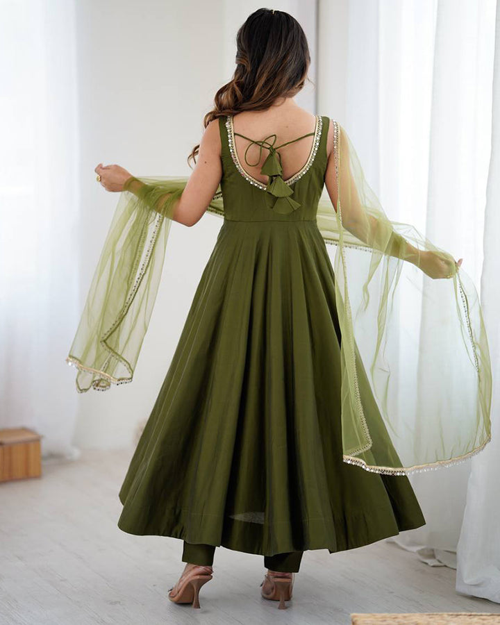 Mehndi Color Chanderi Pure Roman Silk Anarkali Suit