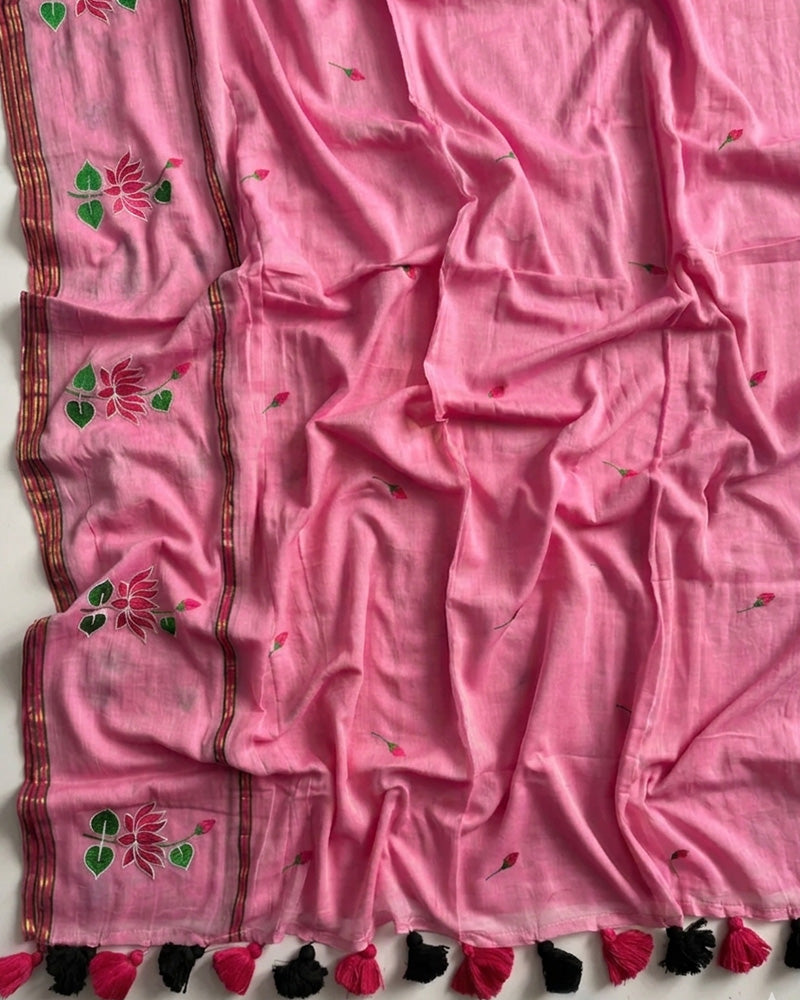 Pink Color Pure Mal Cotton Lotus Work Saree