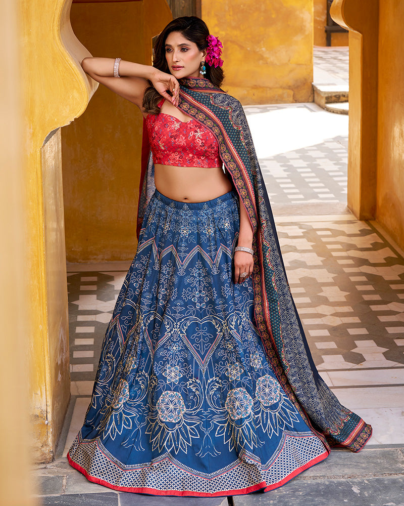Blue Color Vichitra Silk Printed And Embroidered Lehenga Choli
