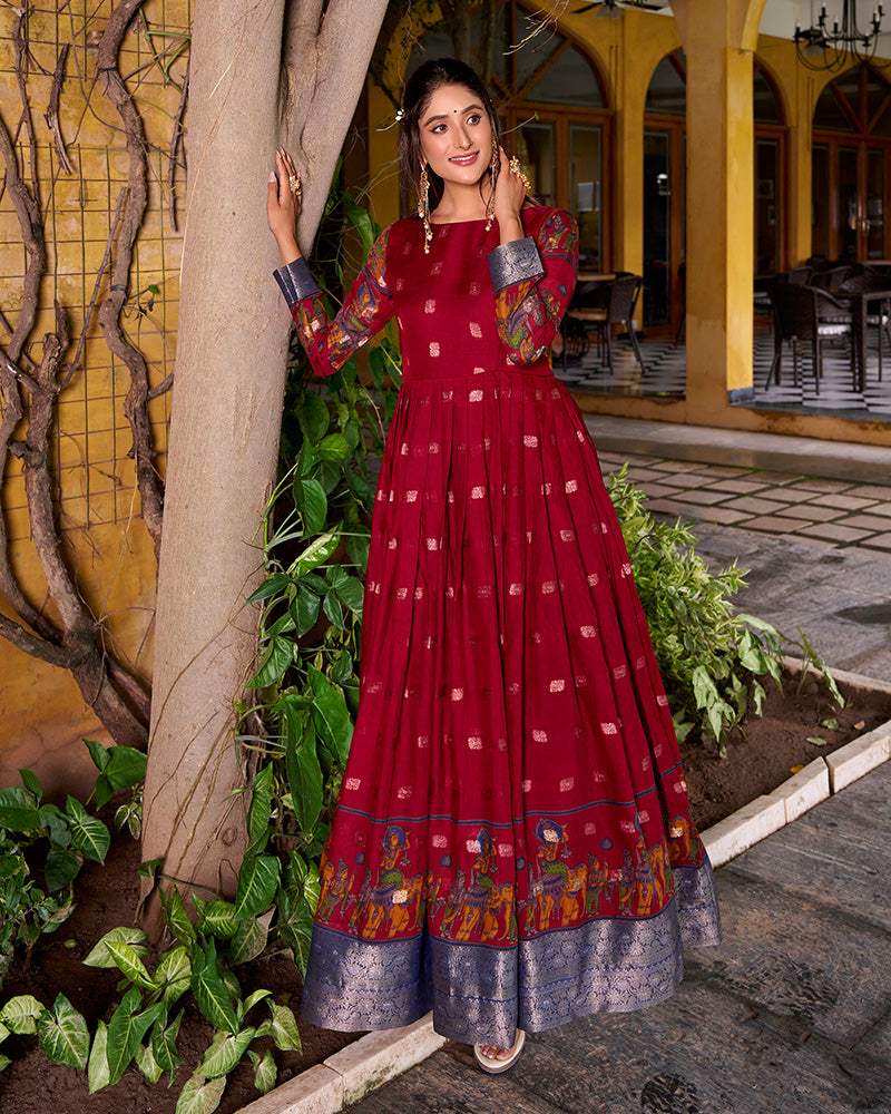 Elegant Maroon Color Poly Cotton Gown With koti