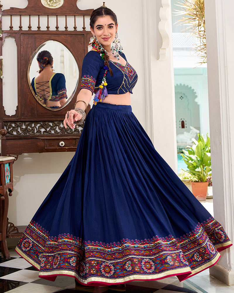 Navy Blue Color Tussar Silk Full Stitched Navratri Lehenga Choli
