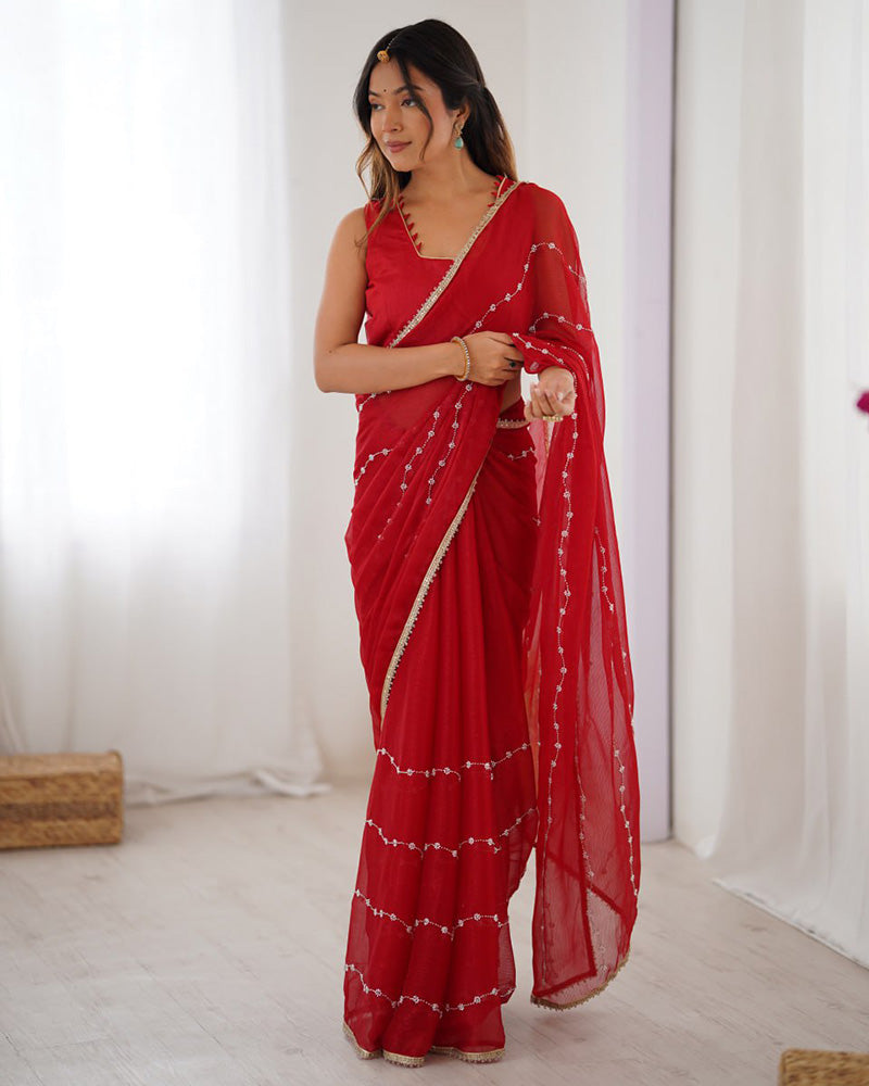 Red Color Smooth Sitara Embroidered Saree