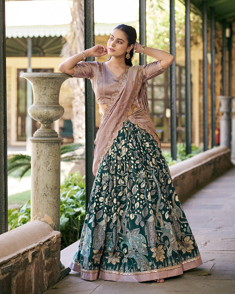 Green Color Tussar Silk Kalamkari Printed Lehenga Choli