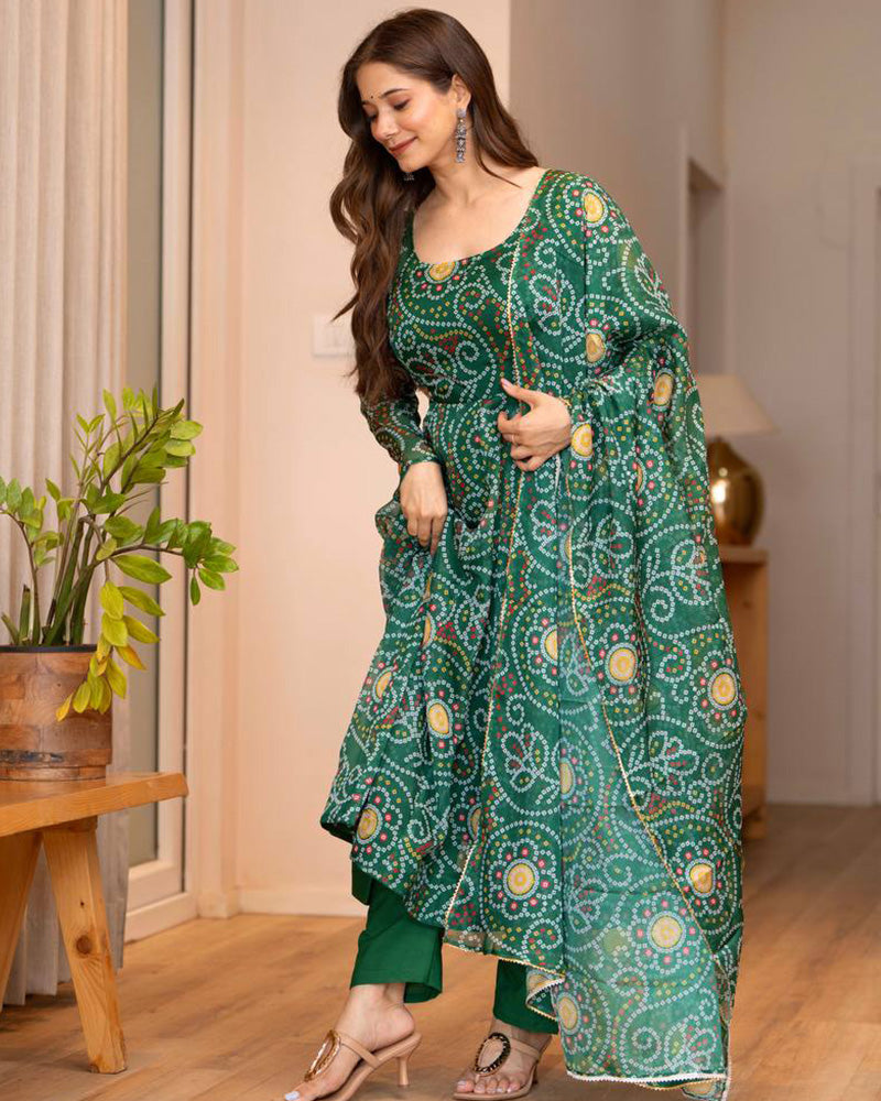 Green Color Bandhej Print Tabby Organza Anarkali Suit