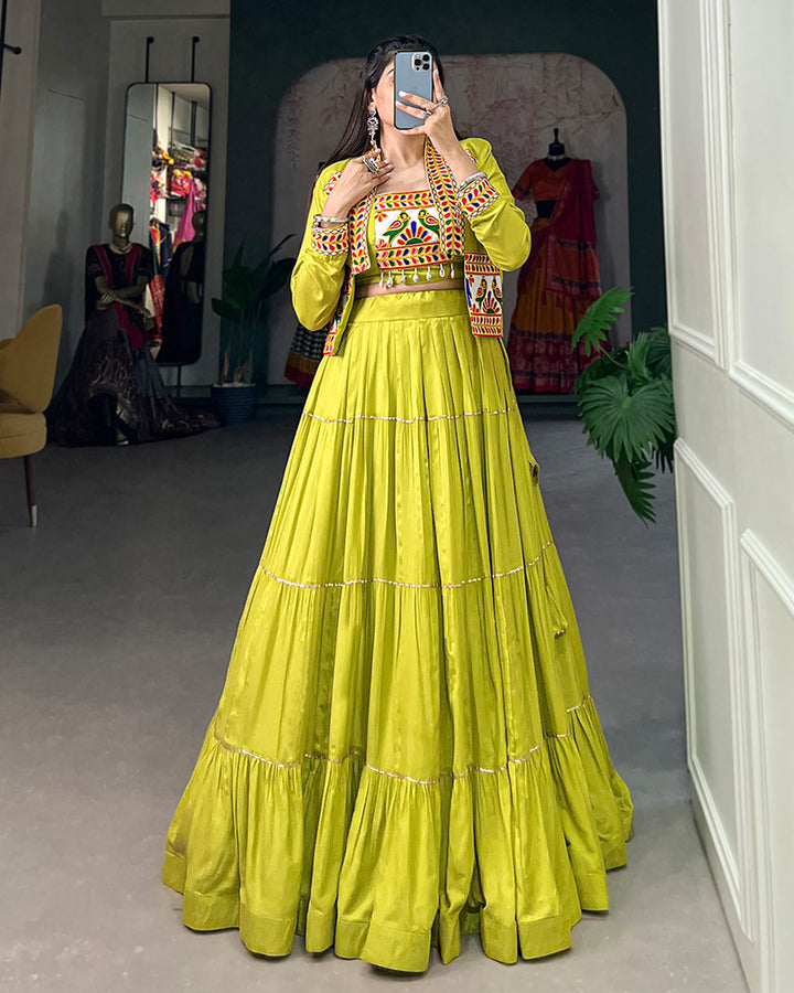 Parrot Green Color Pure Rayon Gamthi Navratri Lehenga Choli
