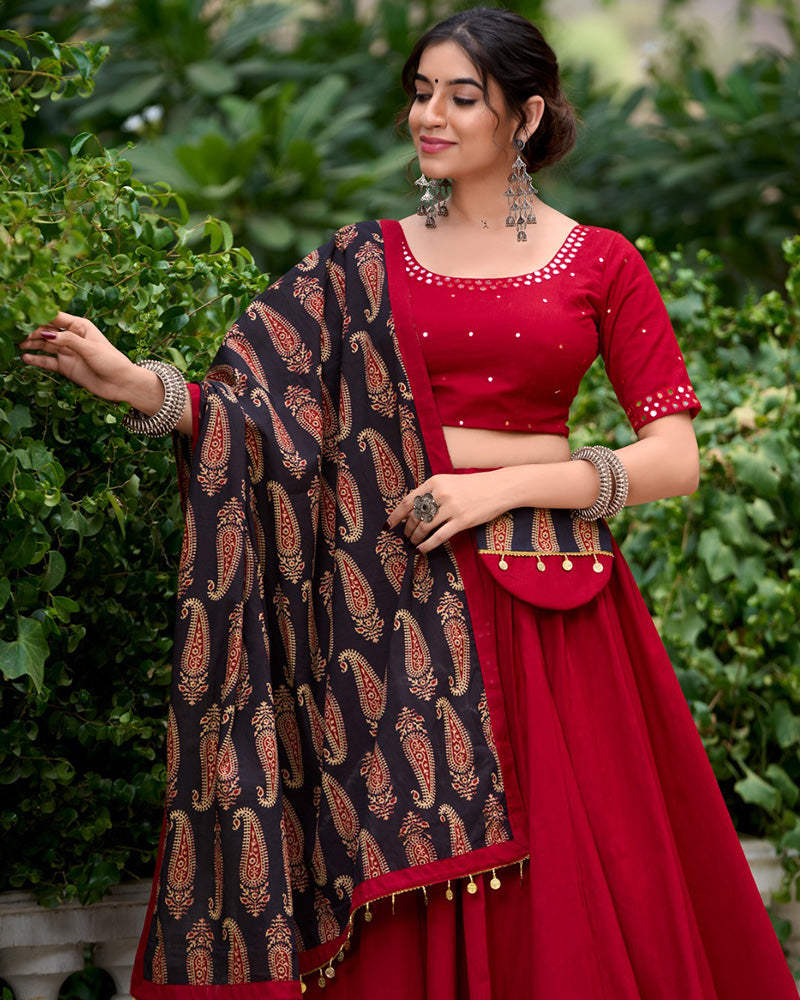 Maroon Color Cotton Plain Navratri Lehenga Choli