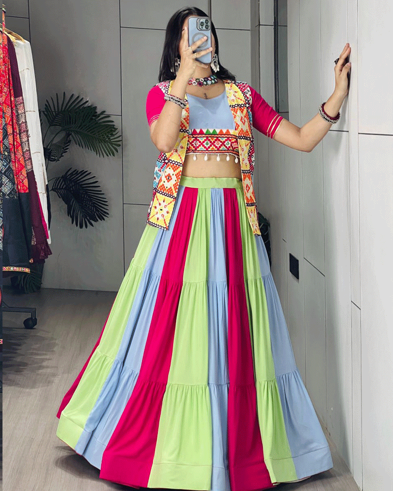 Vibrant Multi Color Kali Frilled Navratri Lehenga Choli