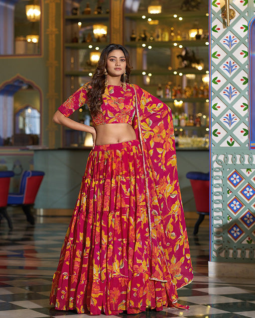 Pink Color Marble Floral Printed Lehenga Choli