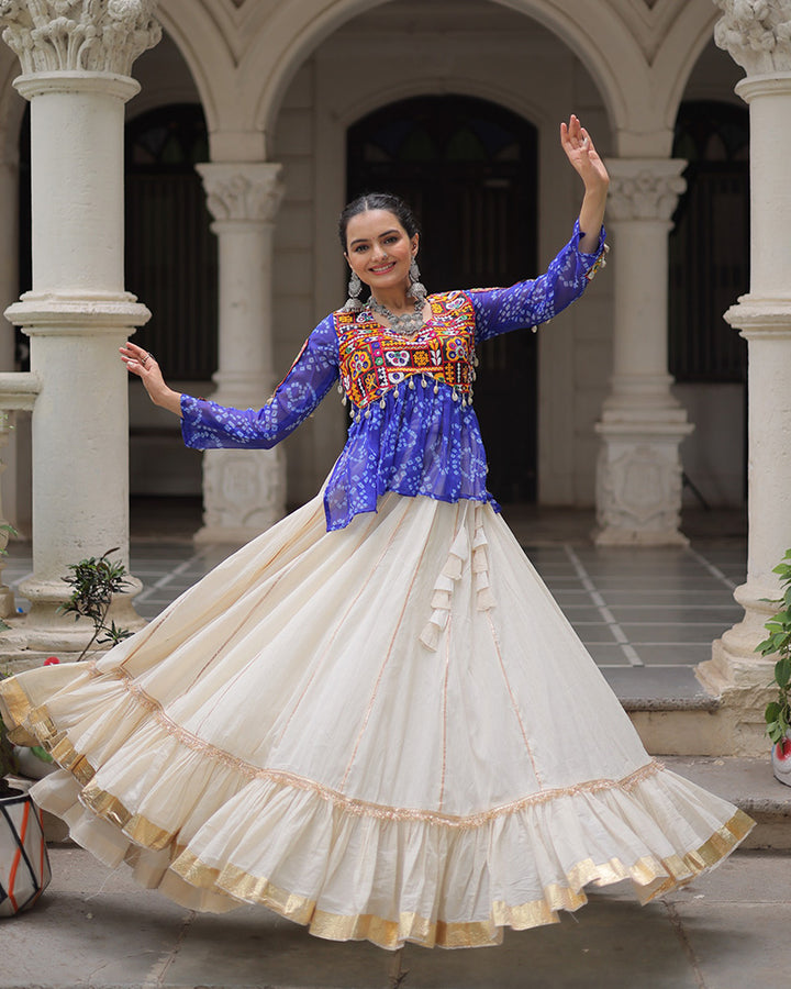 Vibrant Gamthi Work Blue Kediya With Off-White Traditional Lehenga