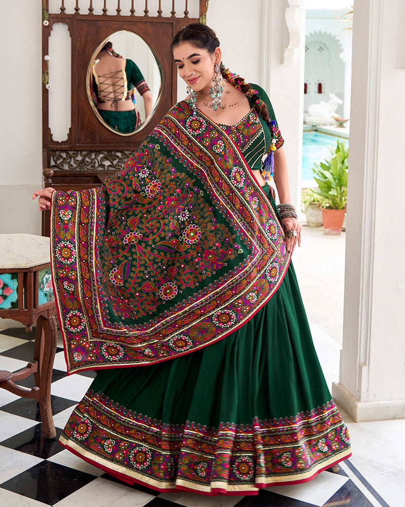 Green Color Tussar Silk Full Stitched Navratri Lehenga Choli