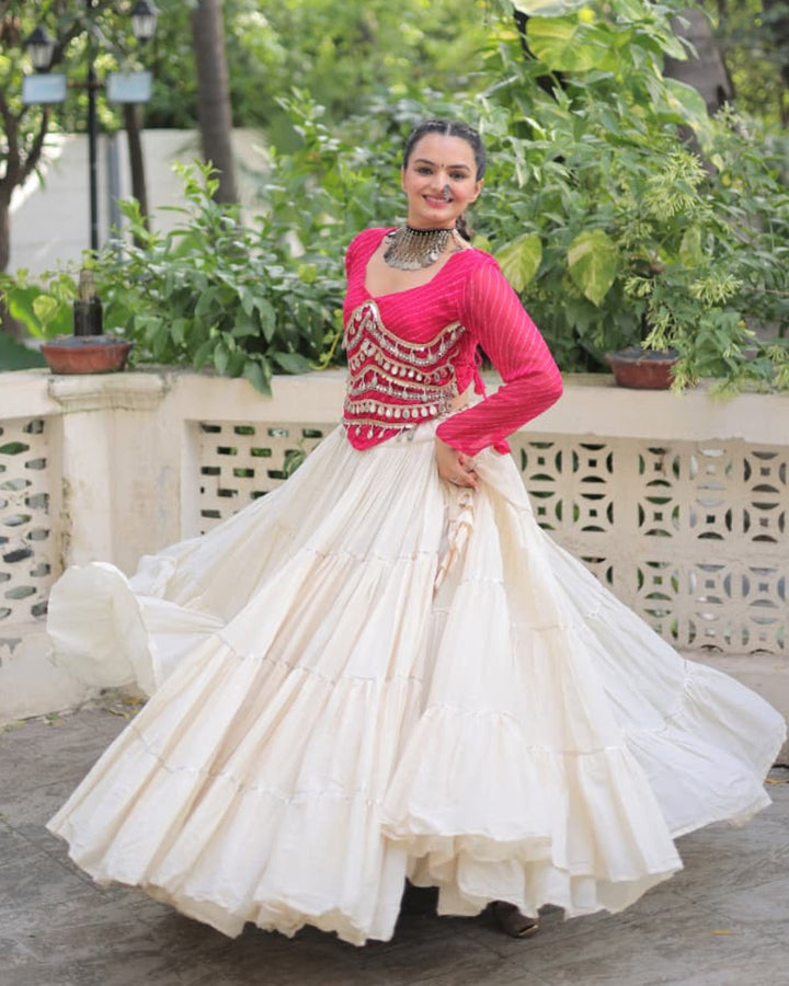 Rani Pink Color Laheriya Print Kurti With Kora Cotton Lehenga