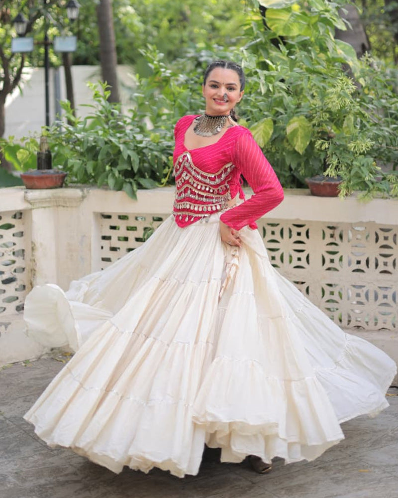 Rani Pink Color Laheriya Print Kurti With Kora Cotton Lehenga