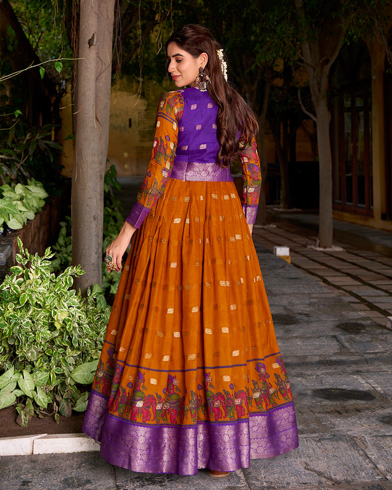 Elegant Mustard Color Poly Cotton Gown With koti