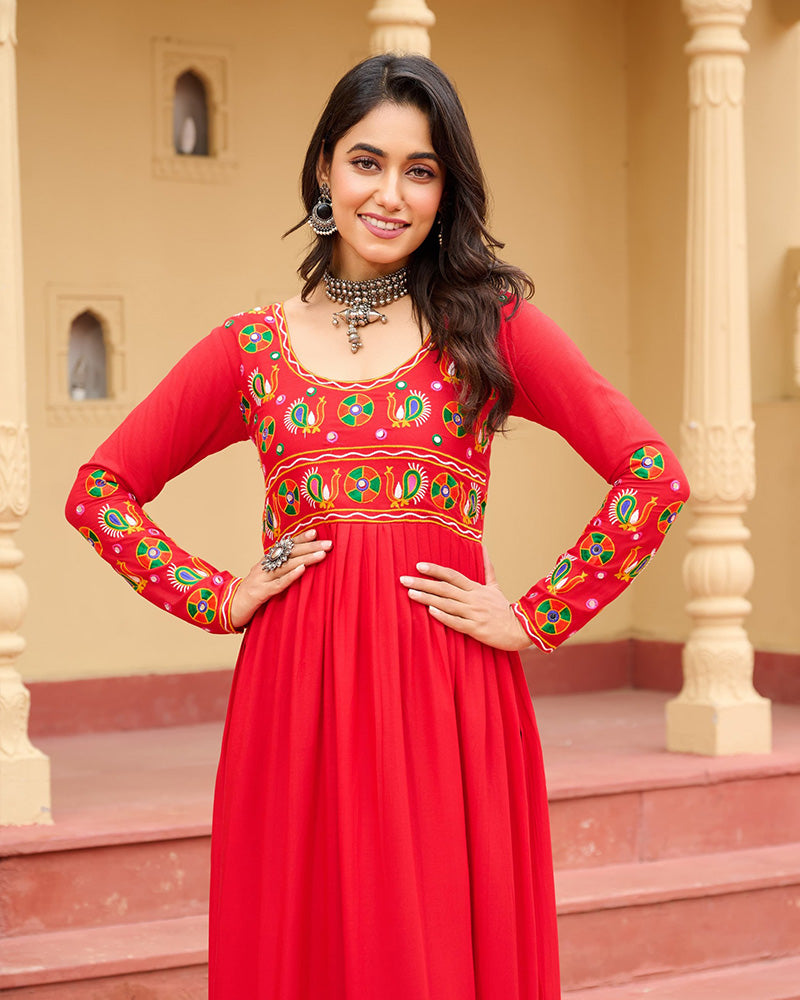 Traditional Red Pure Rayon Embroidered Navratri Kurti