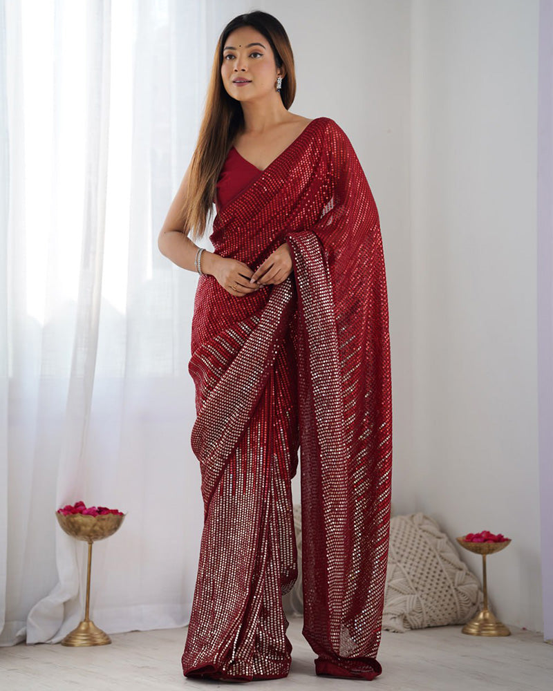 Red Color Heavy Georgette Embroidered Saree