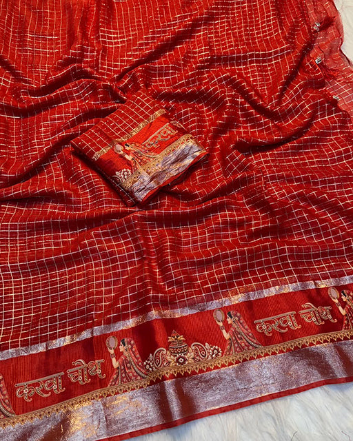 Karwa Chouth Special Red Color Pure VIscose Georgette Chex Saree