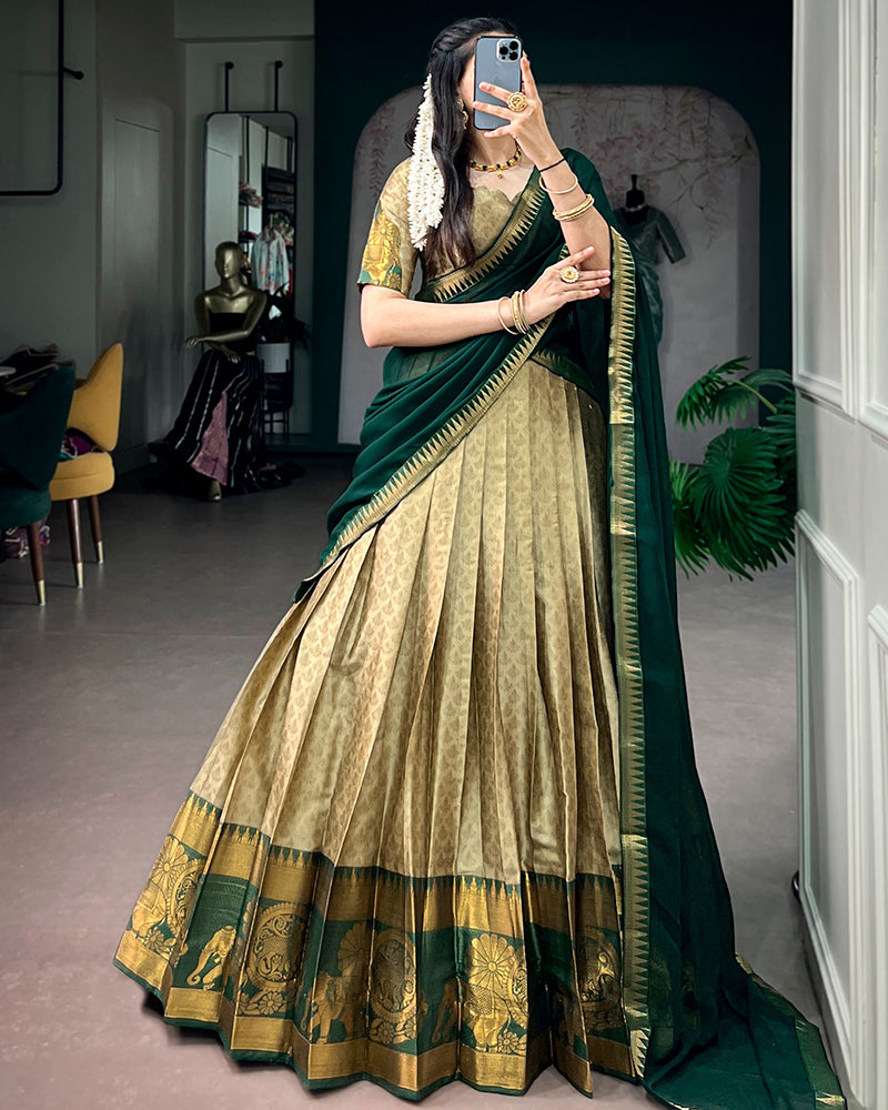 Cream Color Poly Cotton Zari Weaving Half Saree